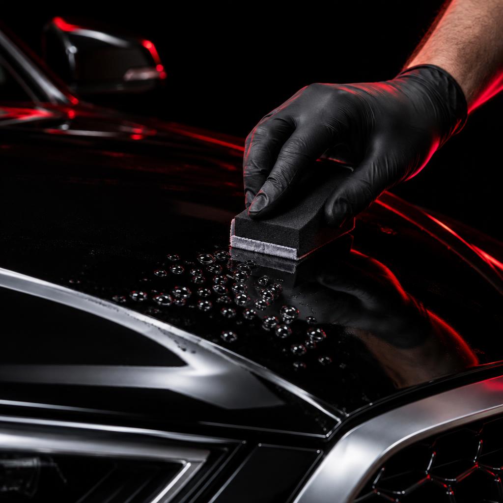 Detailer applying a ceramic coating to a glossy black hood