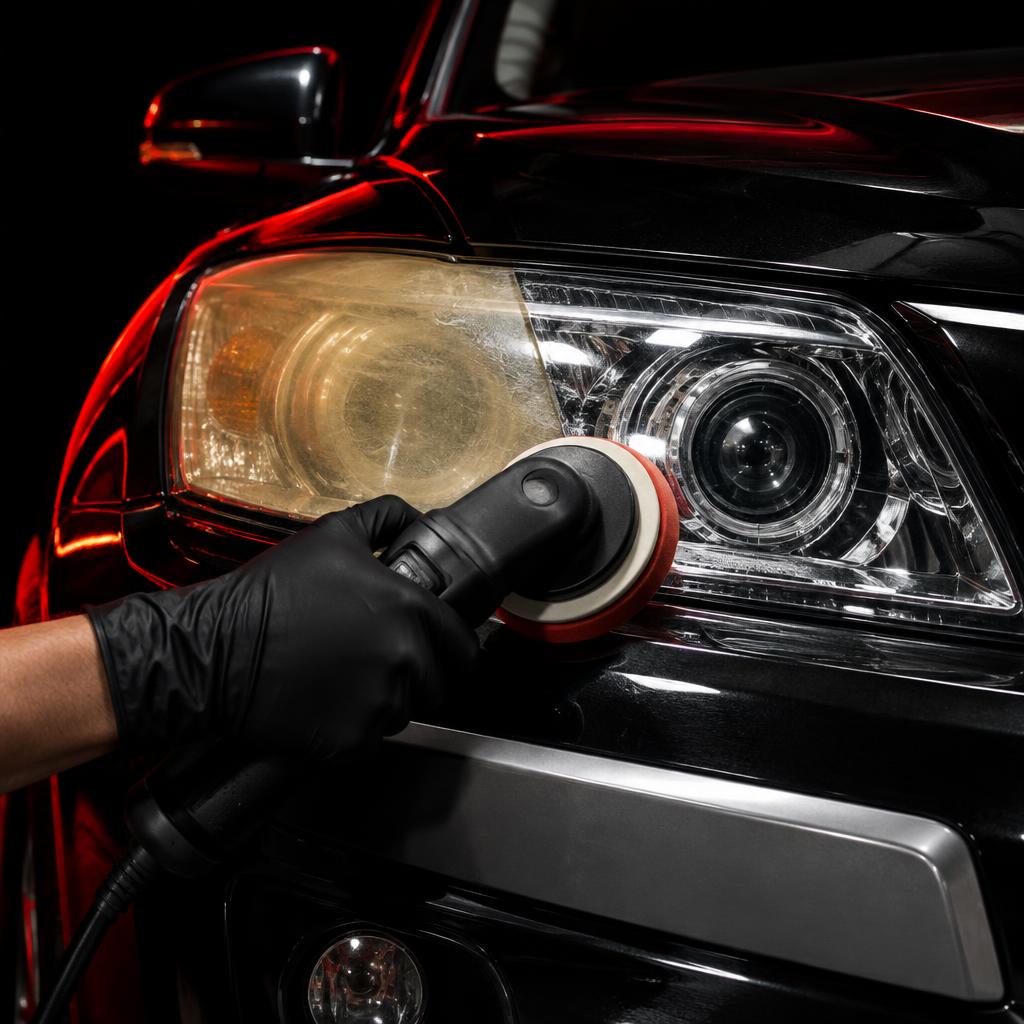 Cloudy headlight lens being machine polished back to full clarity