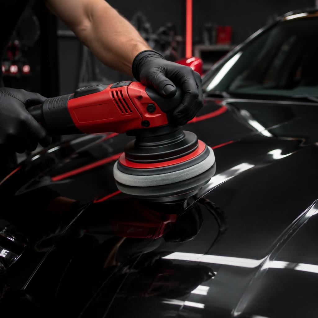 Detailer carefully polishing black automotive paint